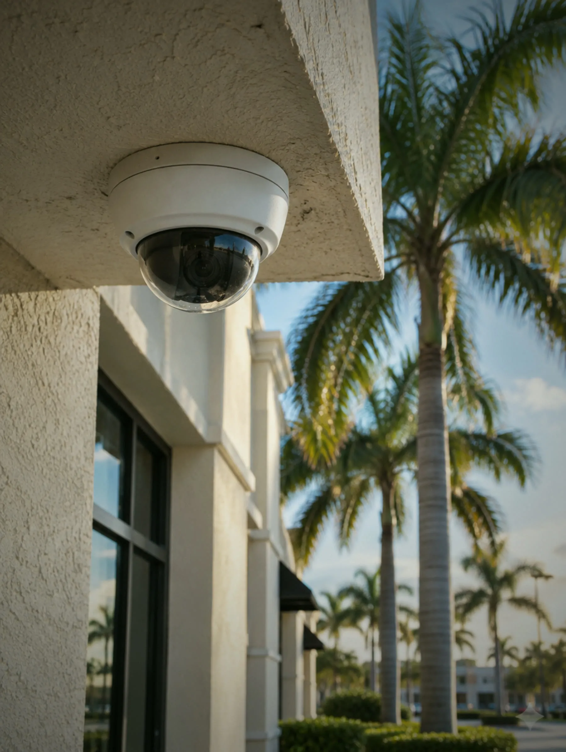 Dome security camera under a stucco soffit with palm trees behind it