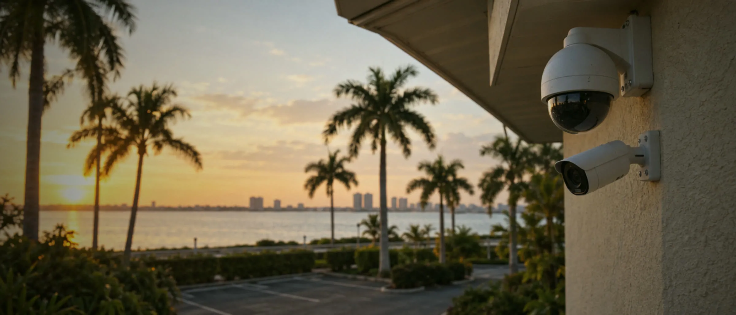 Dome and bullet cameras on the corner of a stucco building at sunset over Sarasota Bay