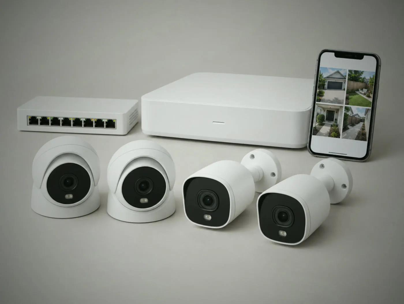 Home camera kit: four outdoor cameras, a recorder, a PoE switch and a phone showing four camera views