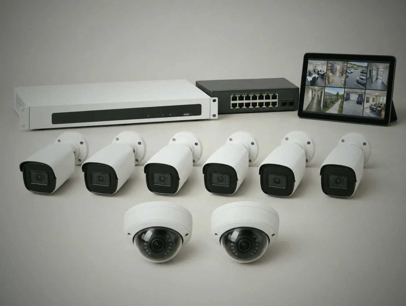 Business camera kit: eight cameras, a rack recorder, a PoE switch and a tablet showing eight camera views