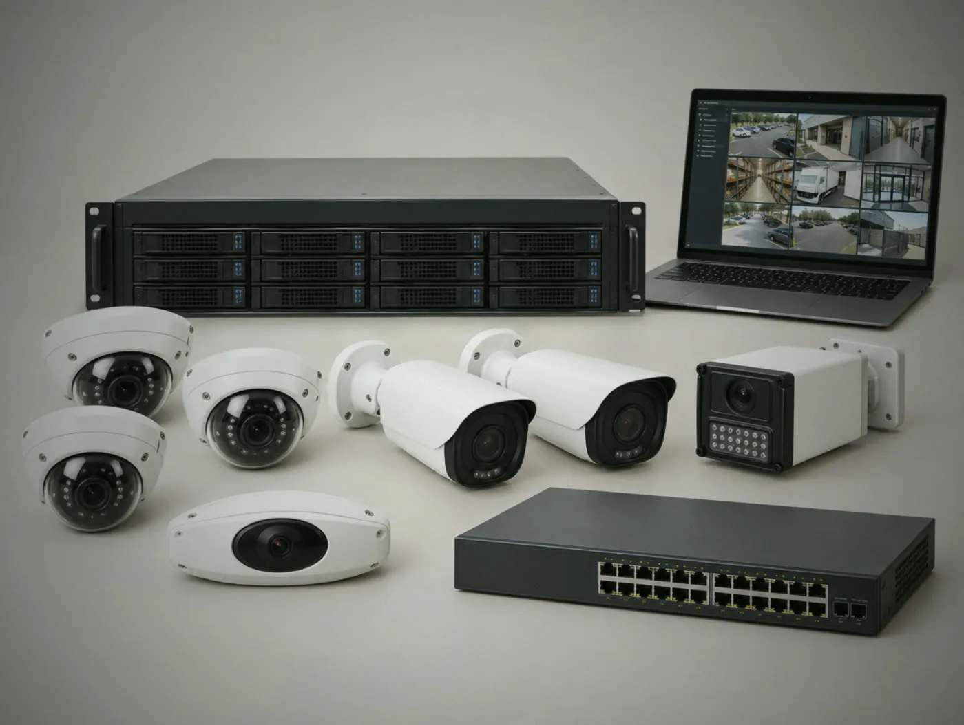 Commercial camera kit: vandal-resistant domes, bullet cameras, a plate camera, a panoramic camera, a large recorder and a switch