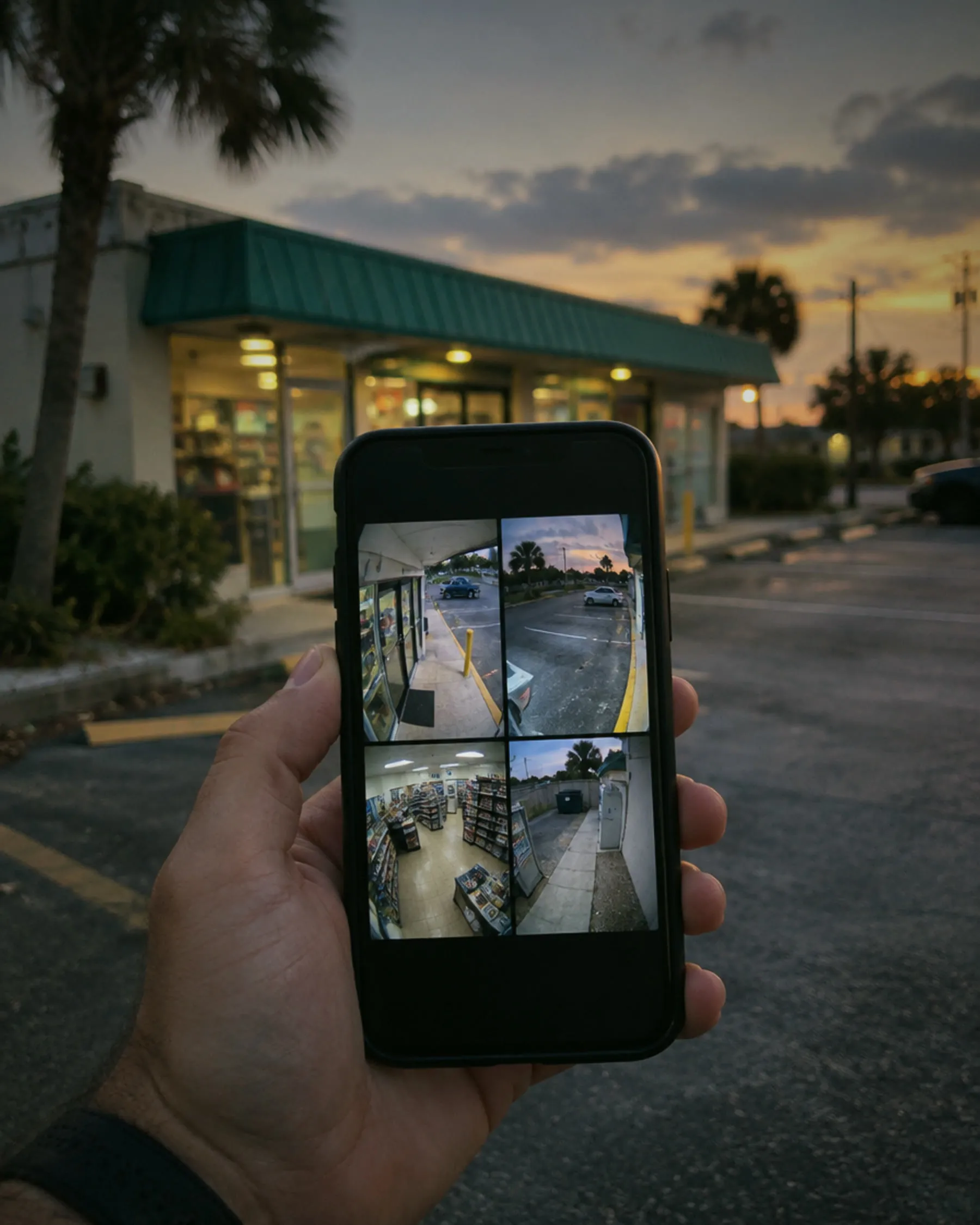 Hand holding a phone with four camera views in front of a storefront at dusk