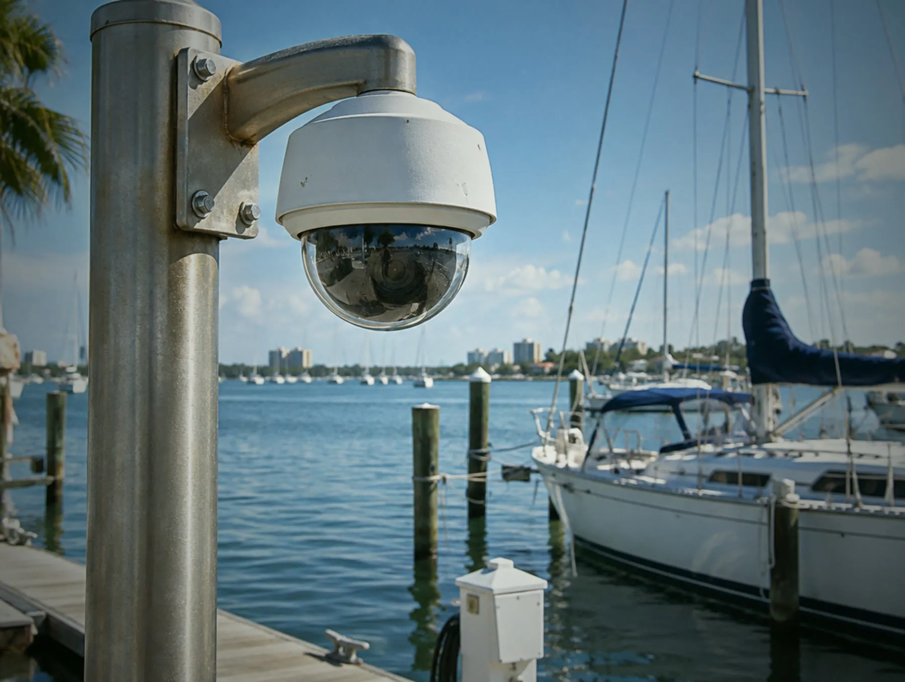 Dome camera on a pole above a marina dock with sailboats