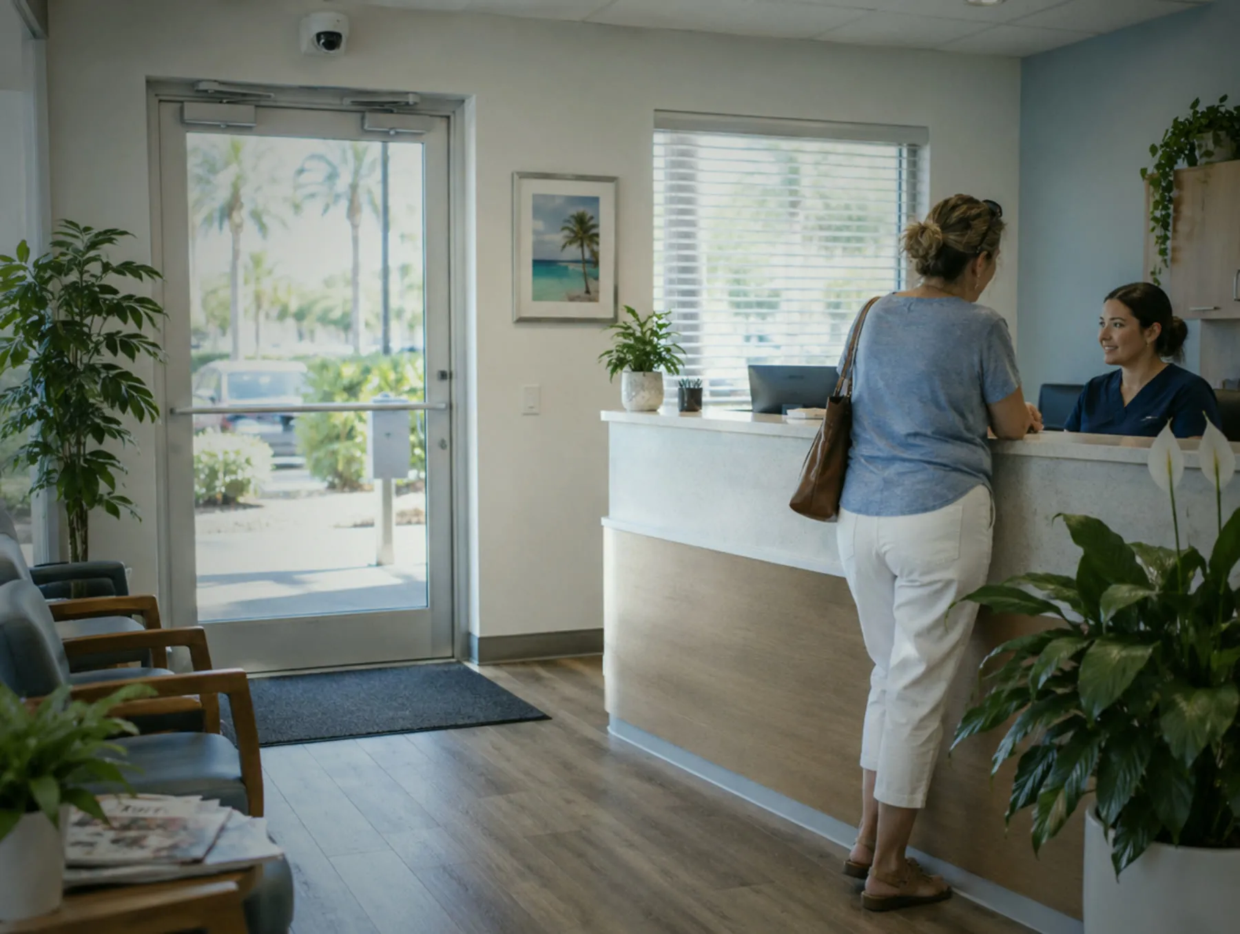Visitor checking in at a bright reception desk with a small ceiling camera