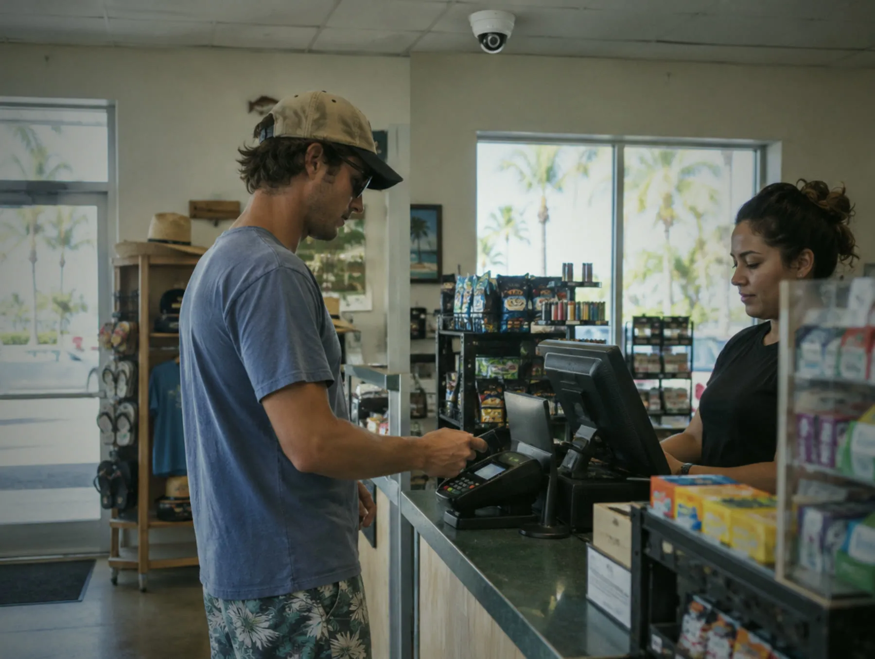 Customer paying at a shop counter with a dome camera on the ceiling