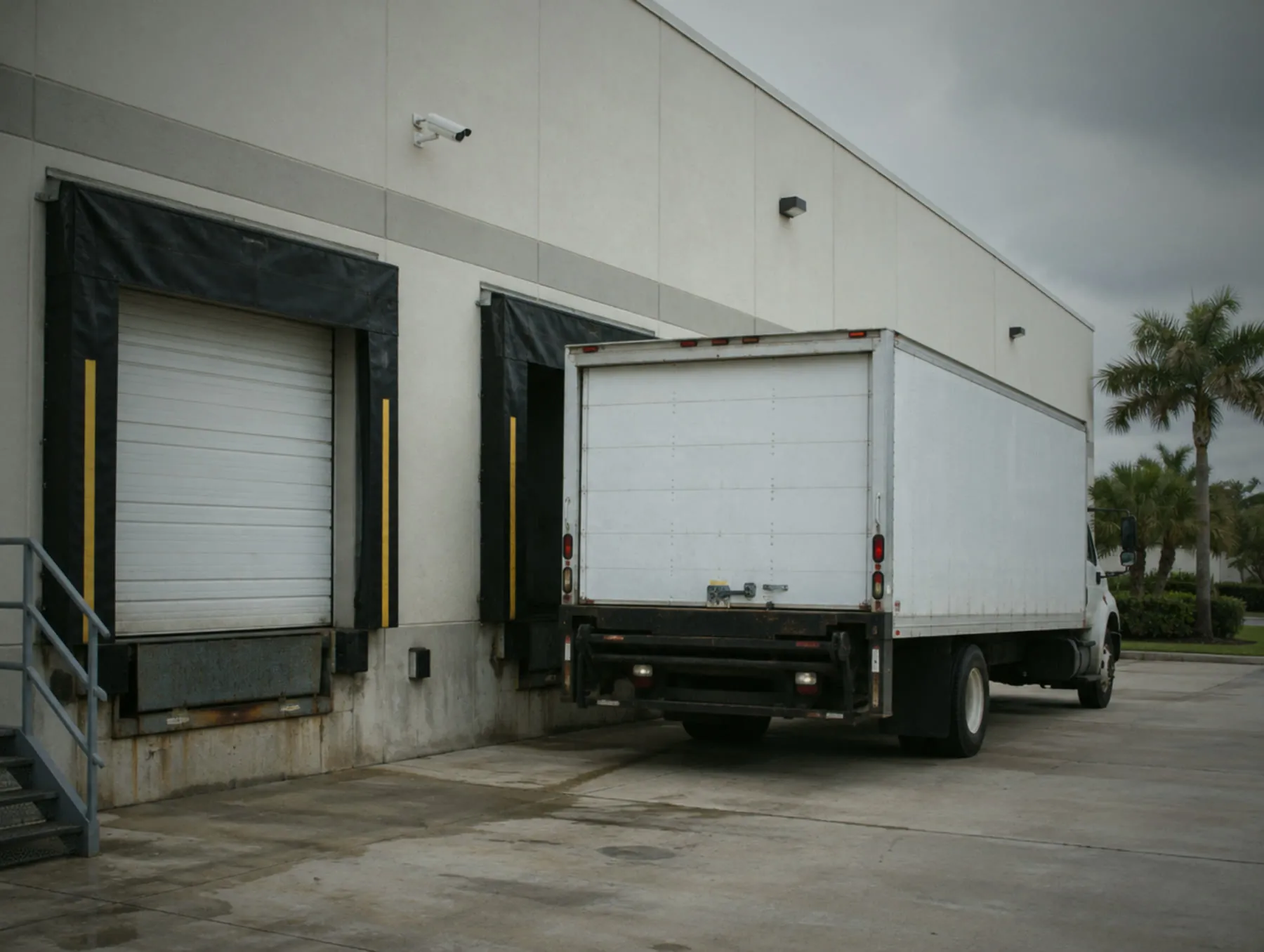 Box truck at a loading dock under a wall-mounted camera