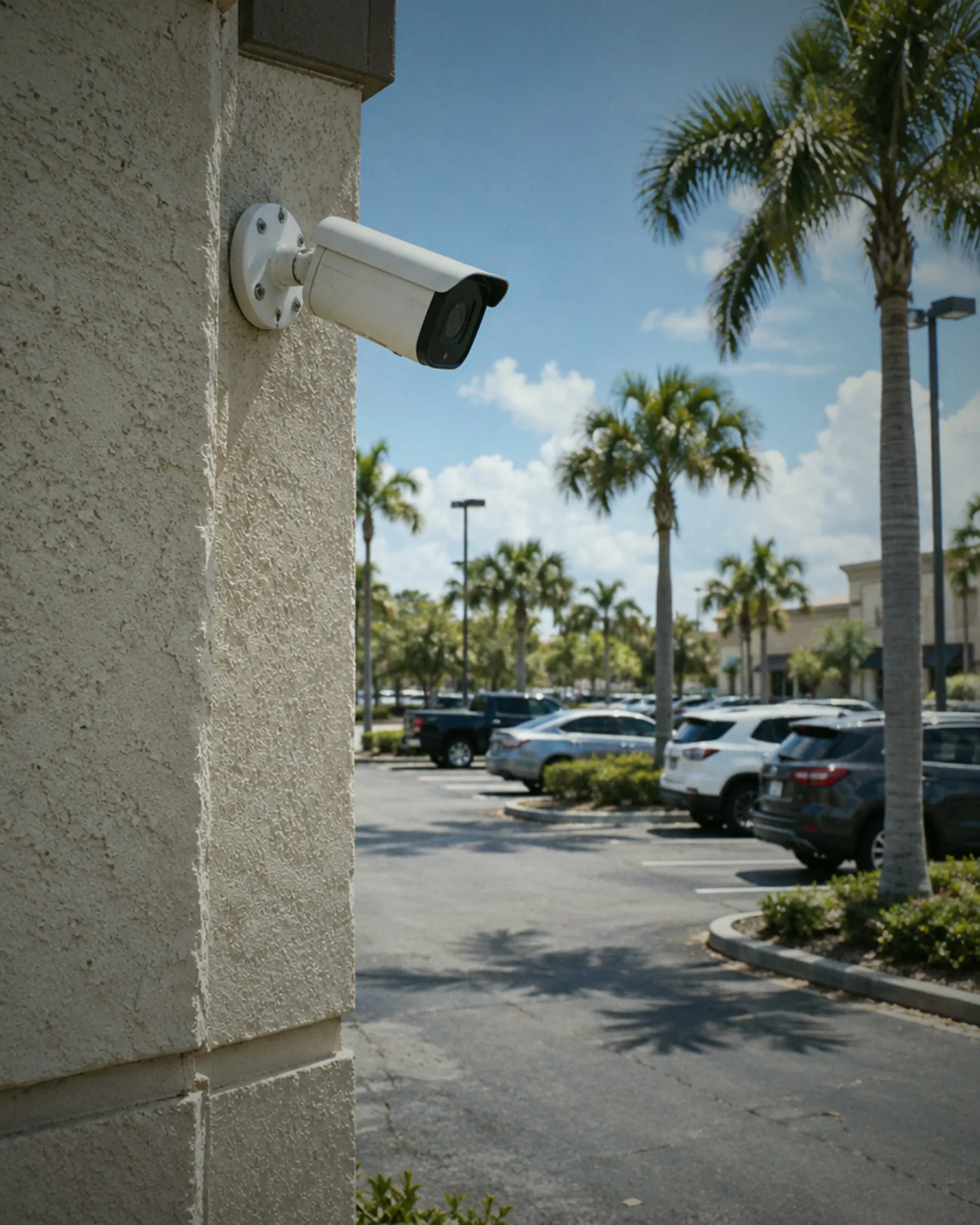 Bullet camera on a stucco wall overlooking a palm-lined parking lot