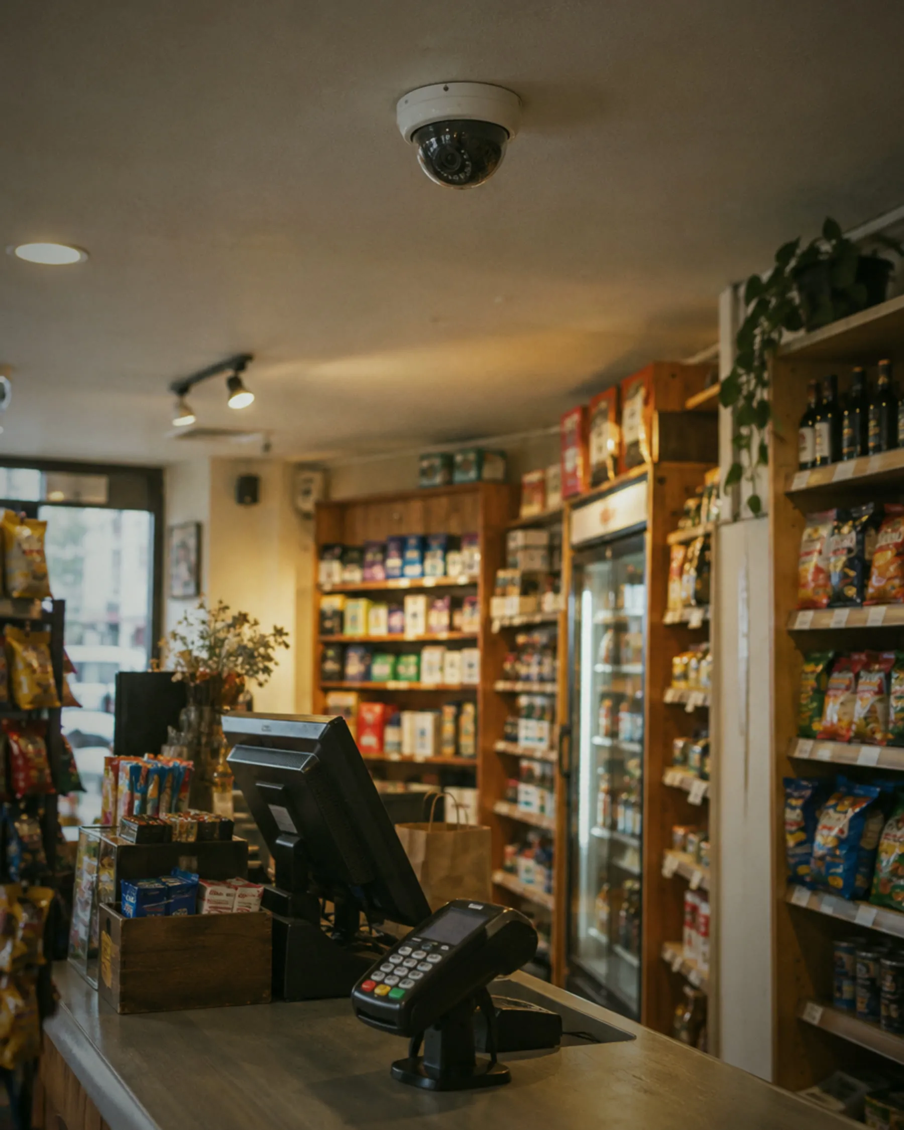 Ceiling dome camera above the aisles of a small convenience store