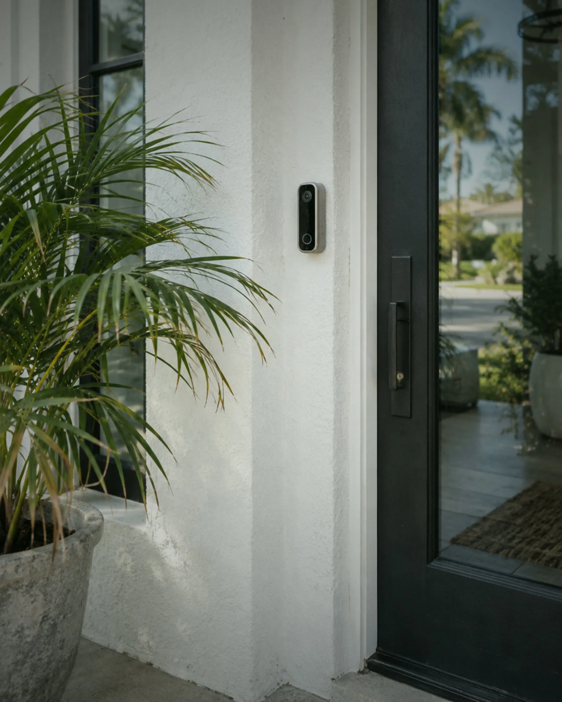 Video doorbell next to a dark front door beside a potted palm