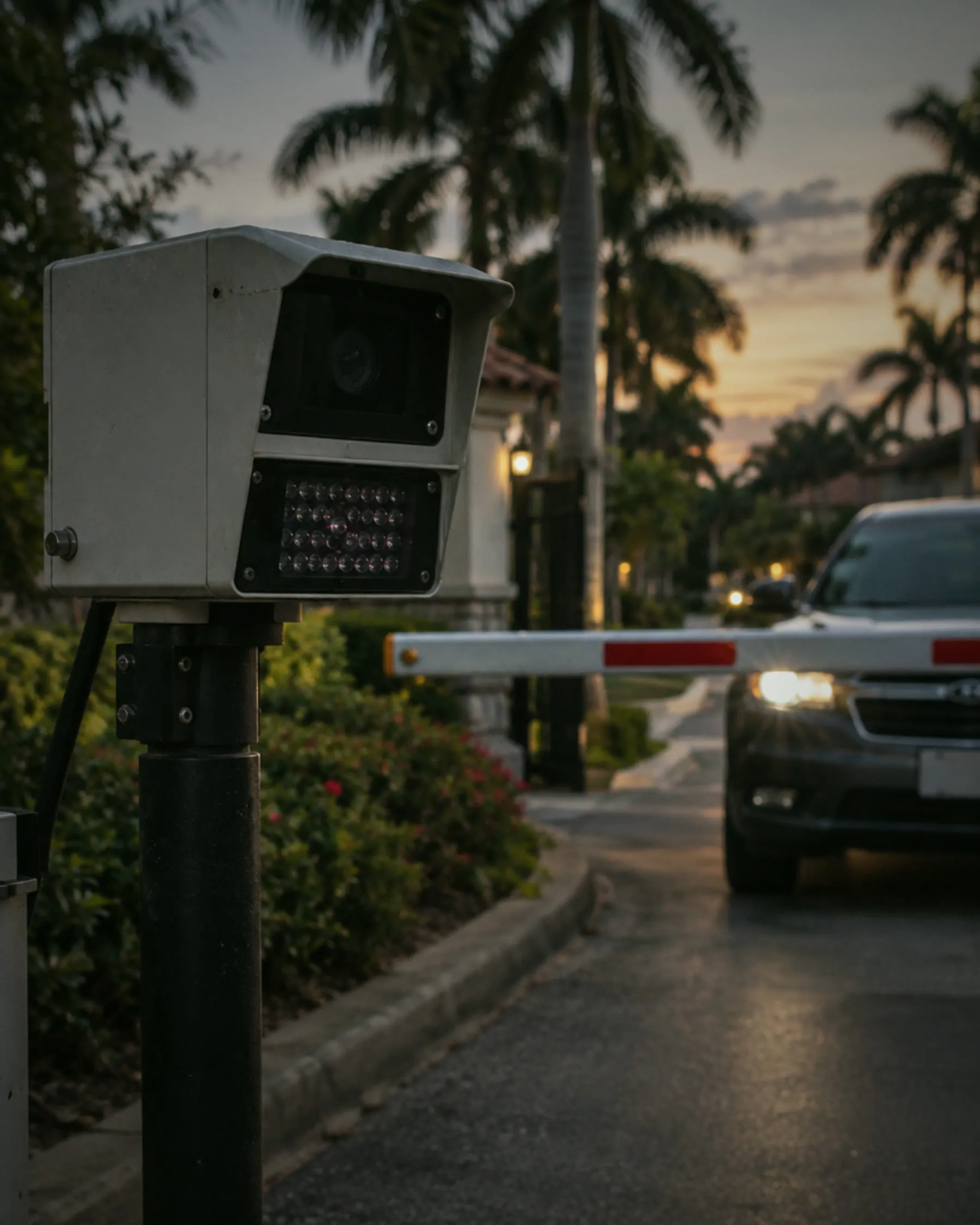 License plate camera on a post at a gated entrance at dusk