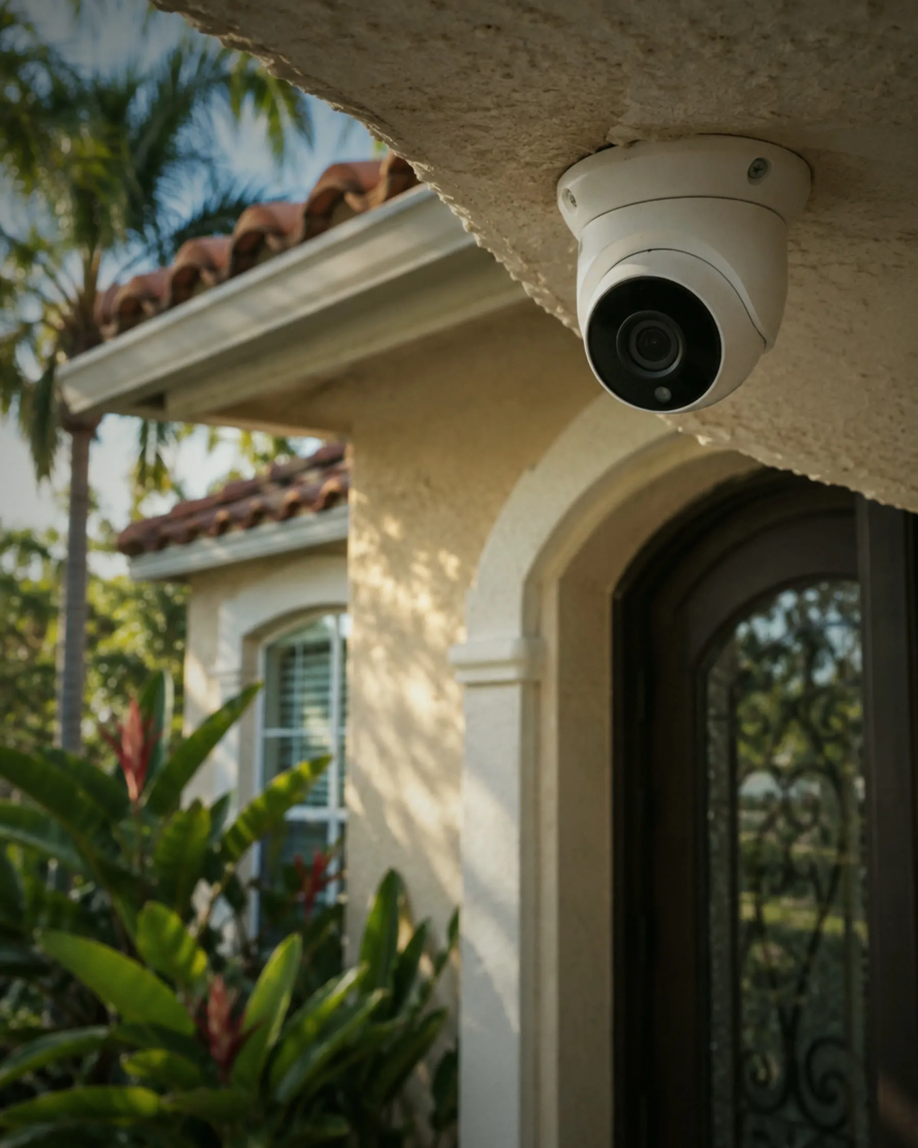 Turret camera under the eave above an arched front door