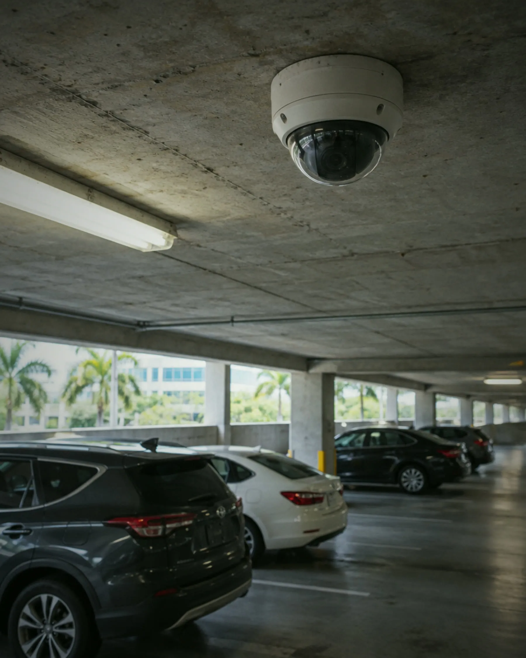 Vandal-resistant dome camera on the ceiling of a parking garage