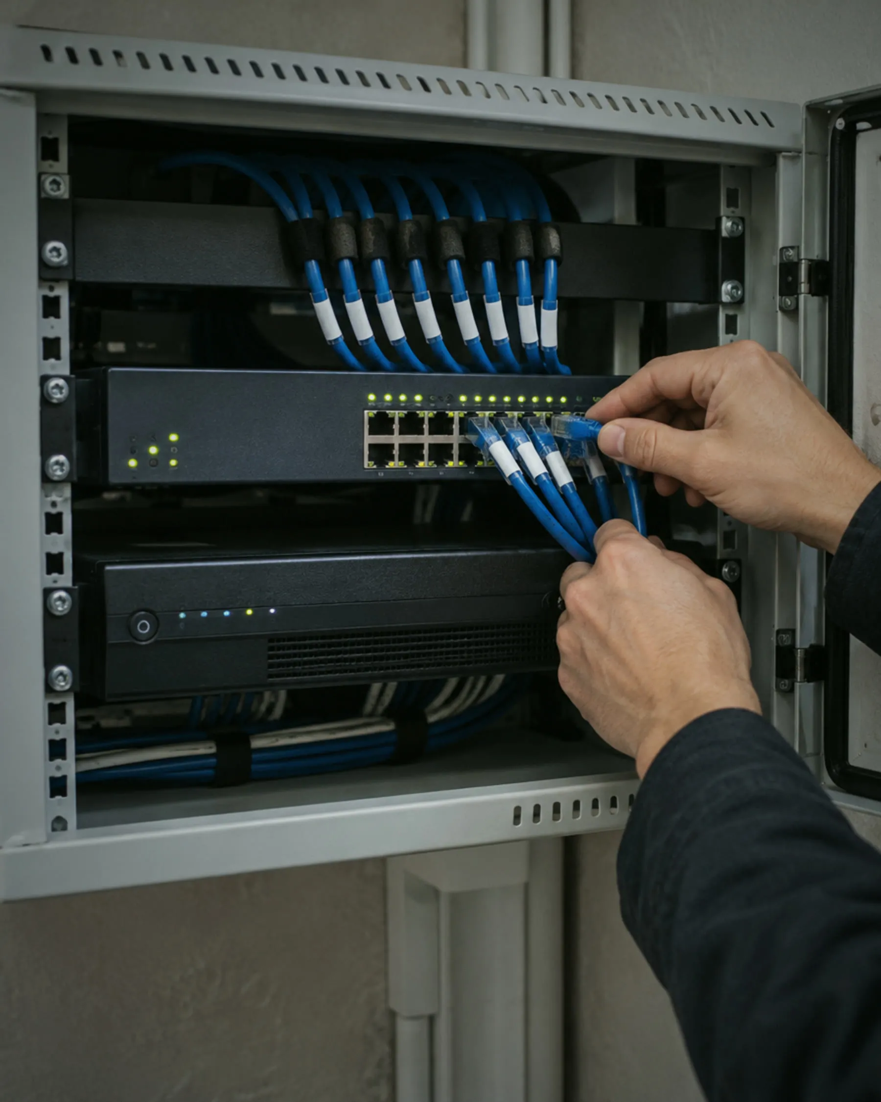 Hands patching network cables into a PoE switch above a video recorder in a rack