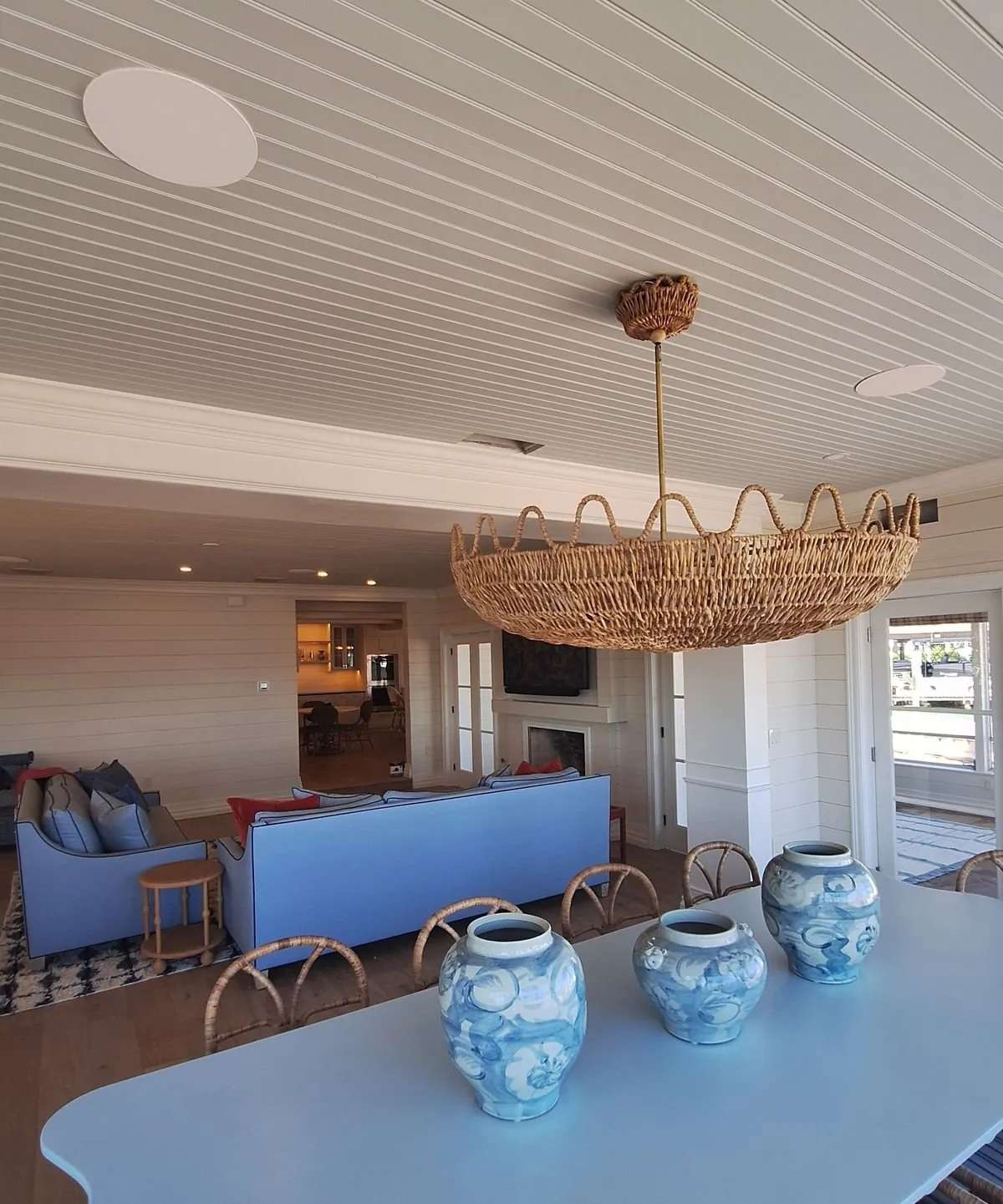 Dining and living room with a flush in-ceiling speaker