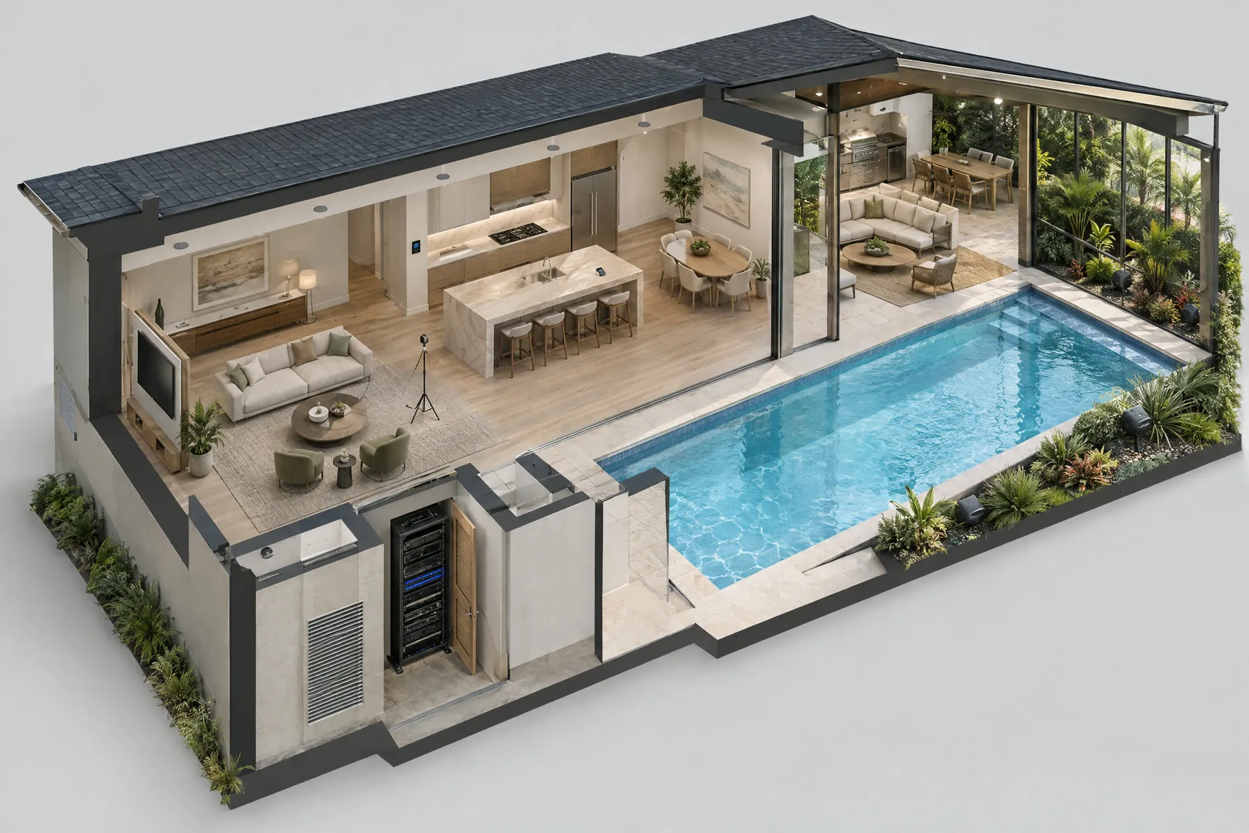 Cutaway of a living room, kitchen and pool lanai: flush in-ceiling speakers, an equipment closet with the audio rack, a wall keypad, a measurement microphone in the room