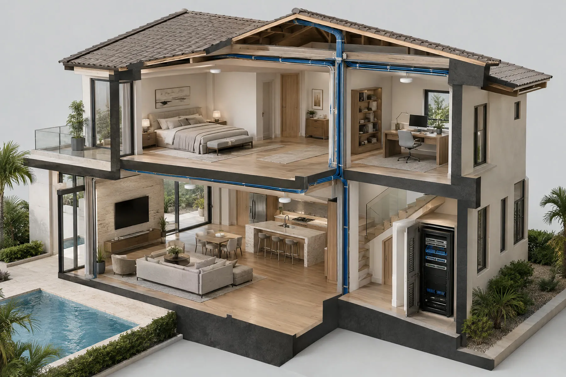 Cutaway of a two-story home: network cable runs in the walls, ceiling Wi-Fi access points, a rack with gateway and switches under the stairs