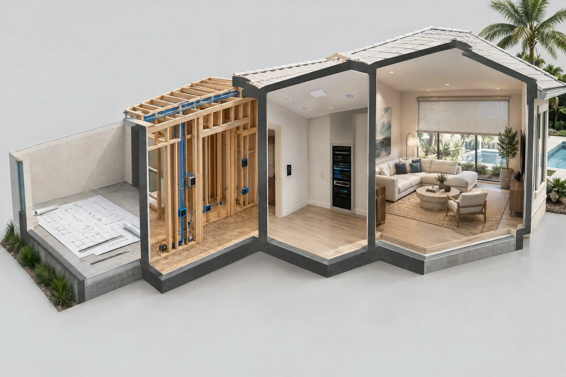 Cutaway of one house in four stages: drawings on the slab, open framing with network cable, a finished wall with keypad, rack and access point, a furnished living room