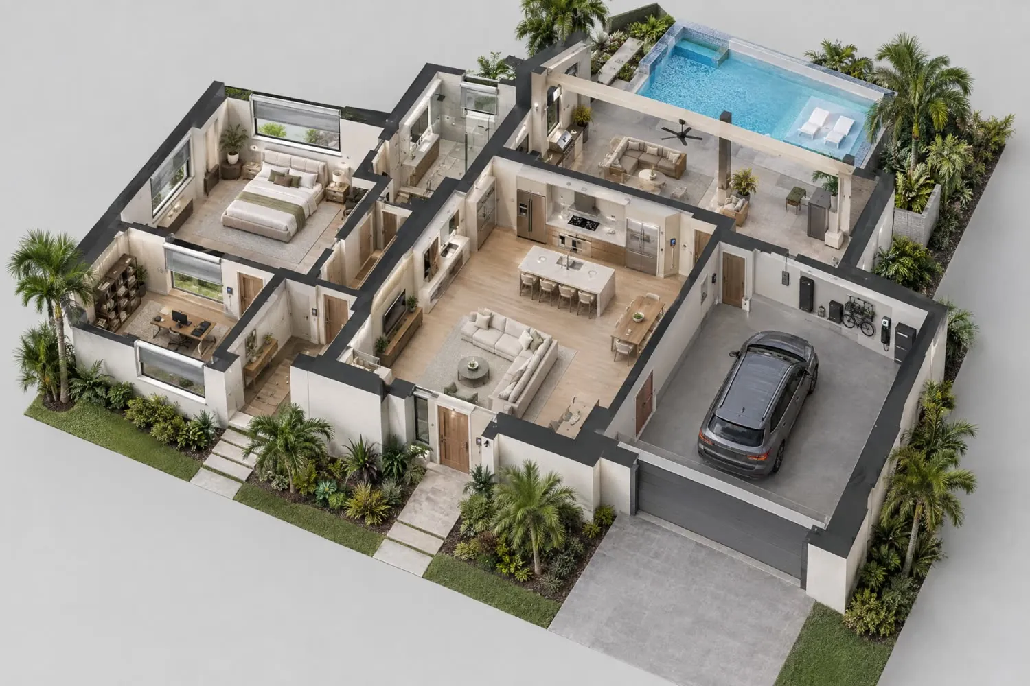 Cutaway of a whole Florida home: bedroom, office, living room and kitchen, garage and pool lanai