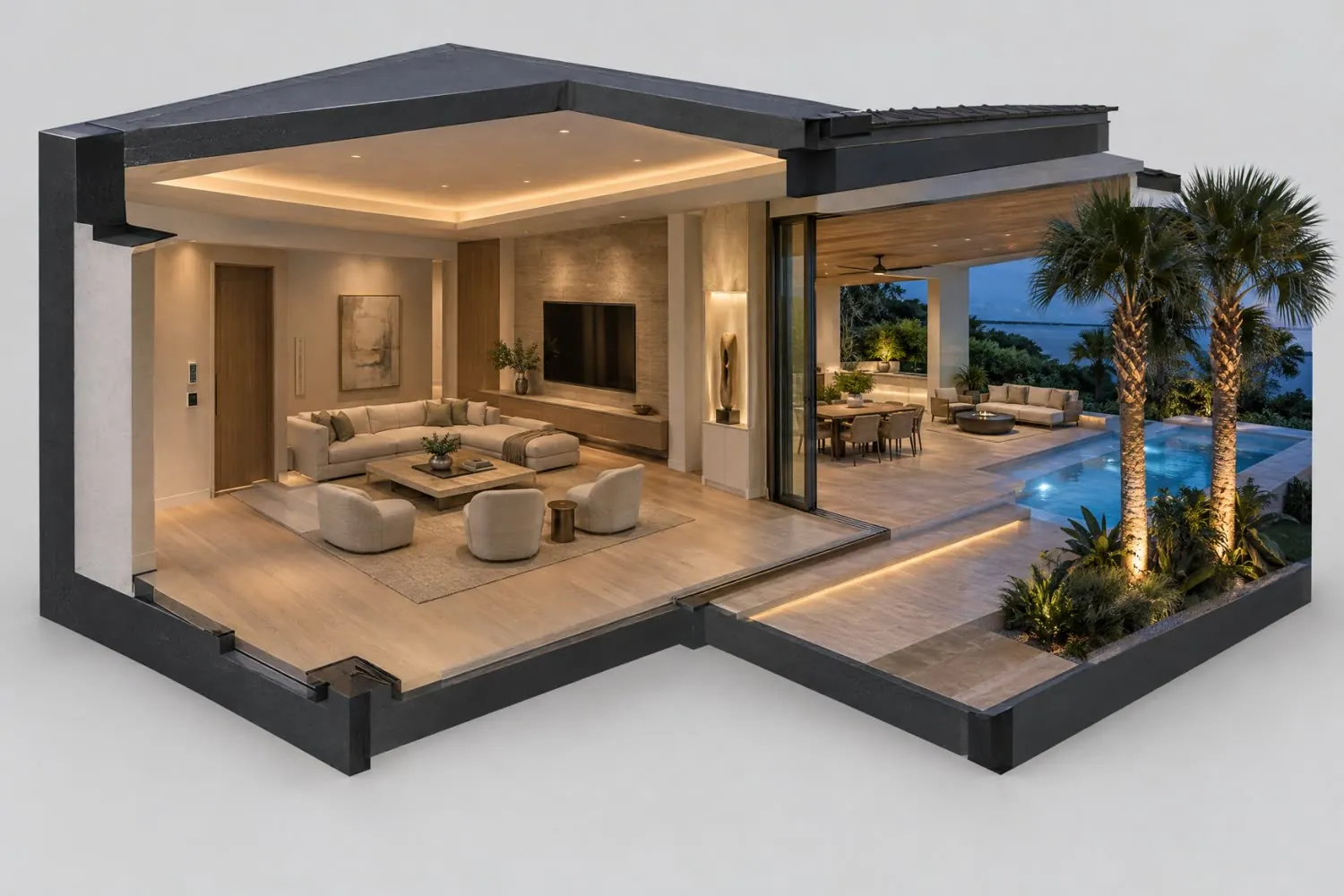 Cutaway of a great room at evening: warm downlights, a glowing ceiling cove, a keypad and touch panel by the door, uplit palms on the lanai
