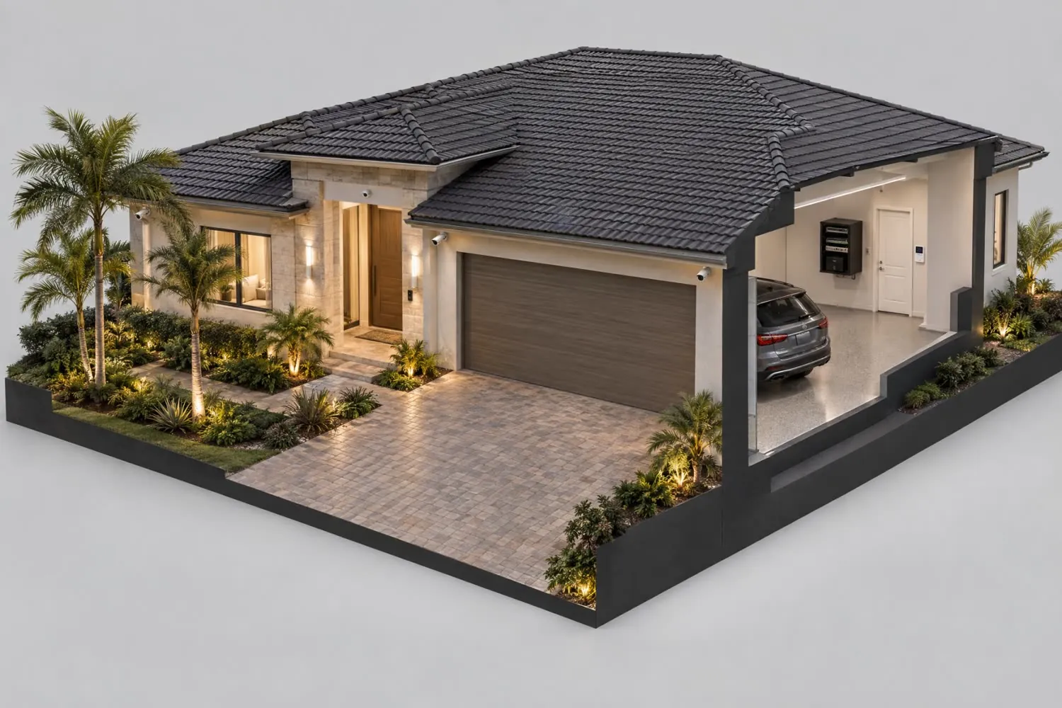 Model of a home front: bullet cameras under the eaves, a dome over the door and a video doorbell, a recorder rack and alarm keypad in the garage
