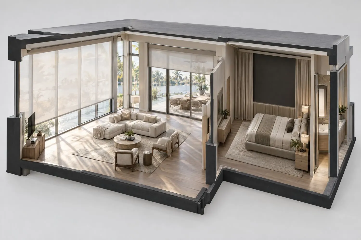 Cutaway of a living room and bedroom: east windows with shades raised, west glass with solar shades lowered, the lanai door open, blackout and drapery closed in the bedroom