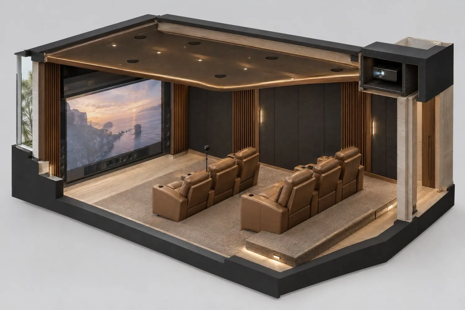 Cutaway of a dedicated home theater: acoustic panels, screen and speakers, two rows of recliners on a riser, a measurement microphone at the main seat