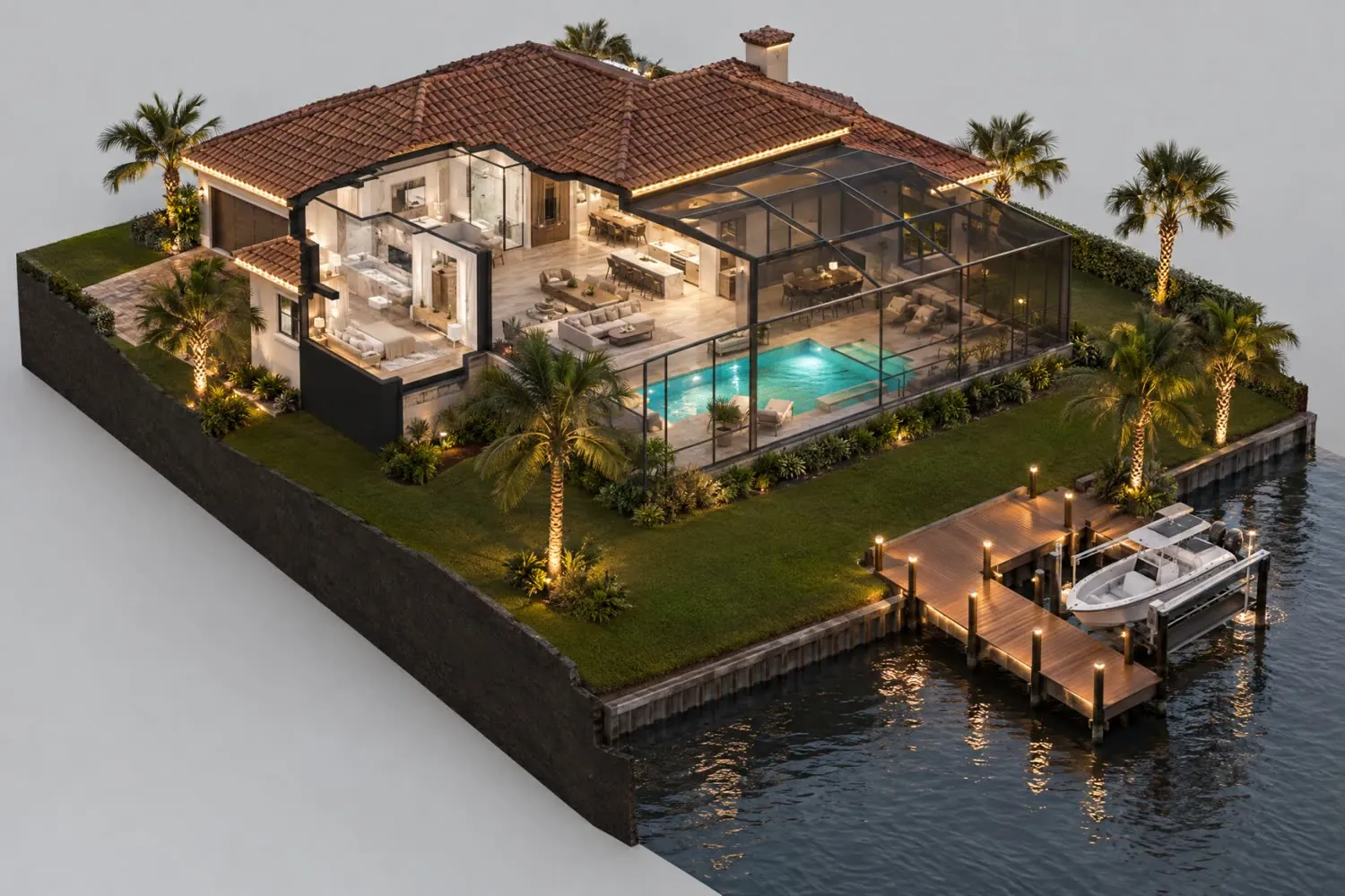 Model of a Gulf Coast pool home at dusk showing each exterior lighting layer