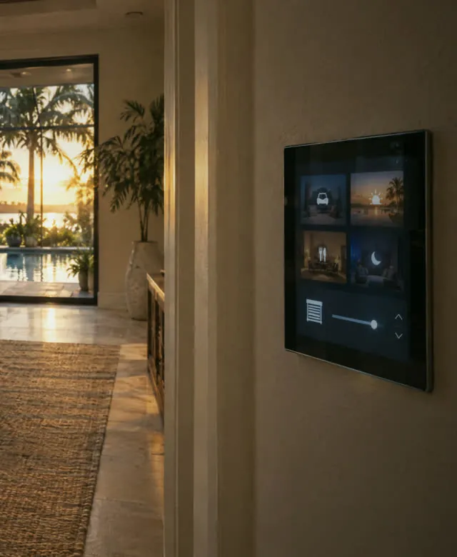 Wall-mounted touch panel controlling lights and shades in a hallway