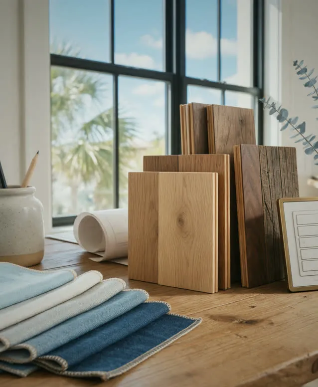 Interior designer finish samples: wood, fabric and drawings on a table by the window