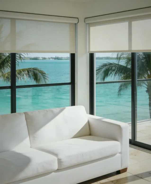 Living room with motorized roller shades half down over a turquoise Gulf view