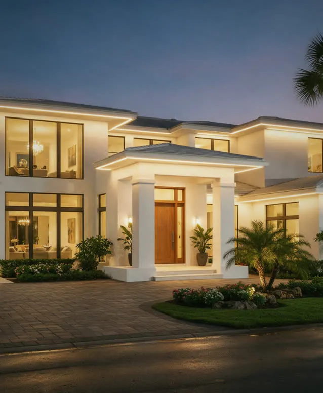 Two-storey Florida home at twilight with warm permanent roofline and facade lighting