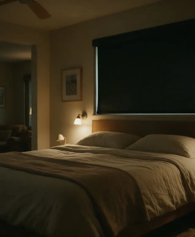 Bedroom at night with blackout shades closed and low bedside lighting