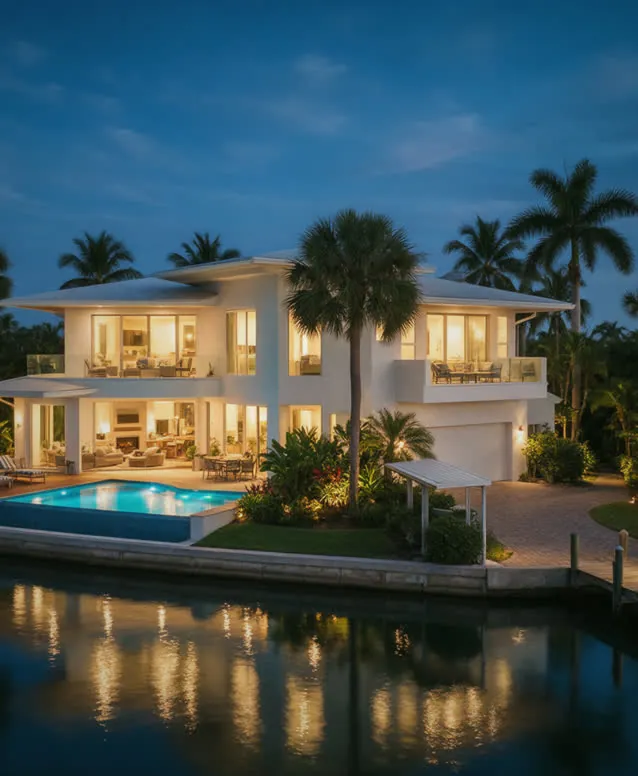 Bayfront home at night with pool, landscape lighting and reflections on the canal