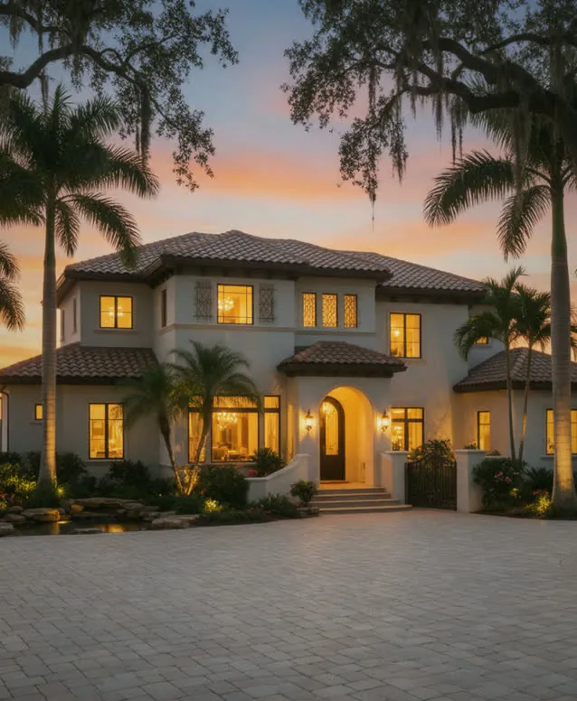 Mediterranean-style family home at sunset with lit windows and entry