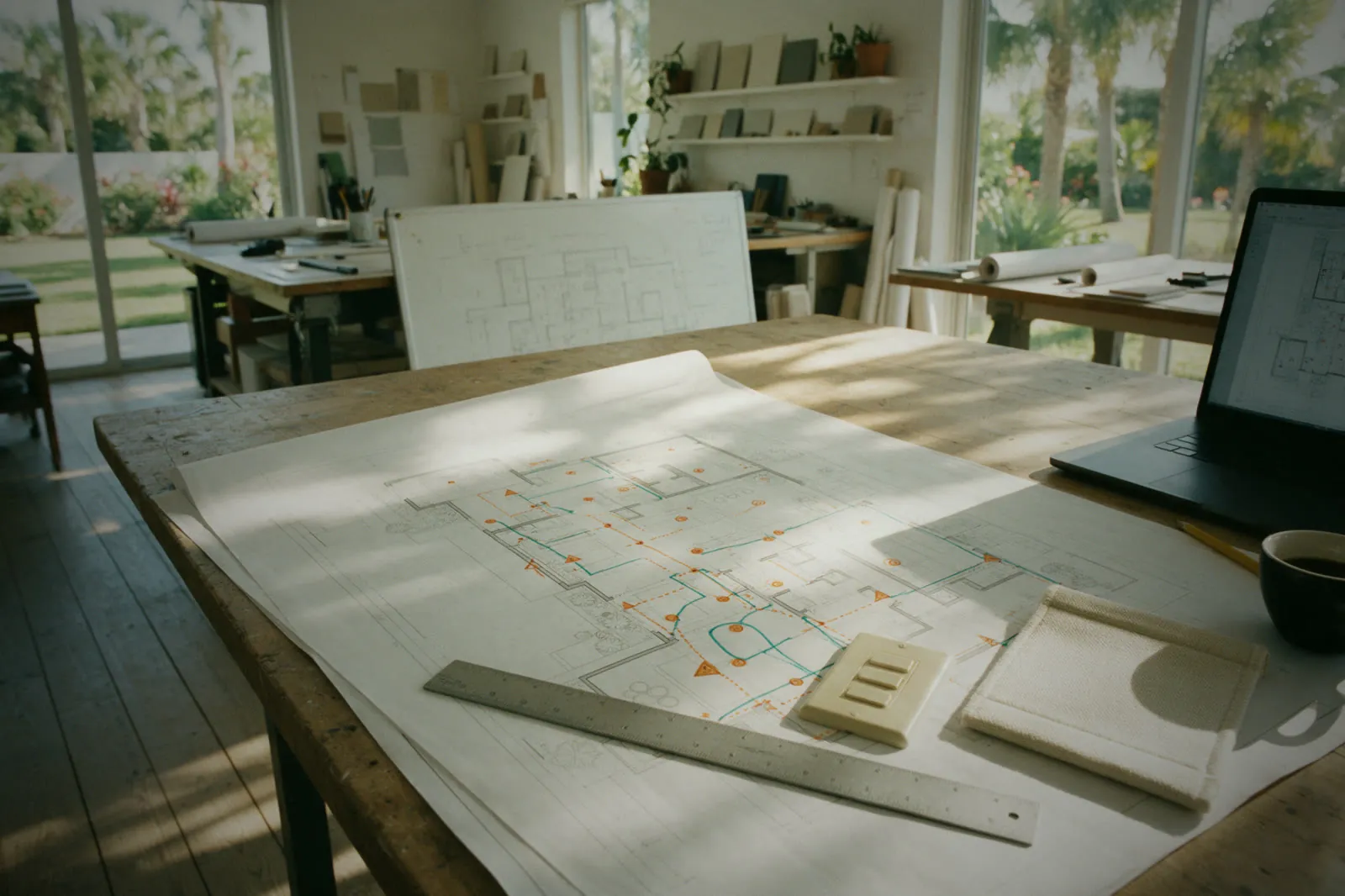 A floor plan marked up with lighting and low-voltage locations